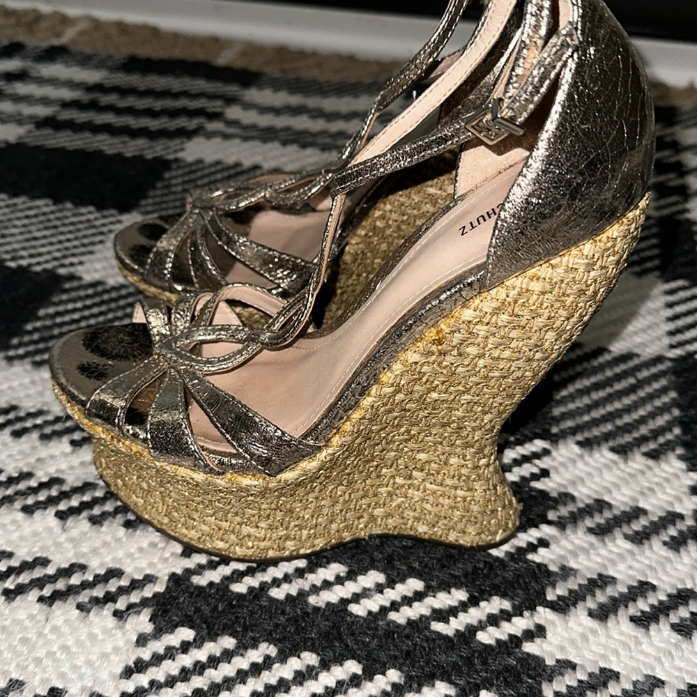 Schutz Metallic Cracked Gold High Curved Wedge 38 7 - Picture 4 of 6